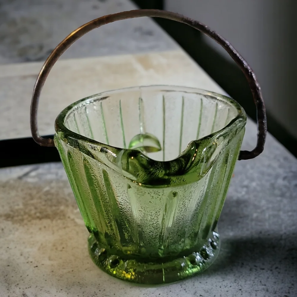 Vtg 60's Hazel Atlas Glass Company Green Glass Ashtray Toothpick Holder Bucket